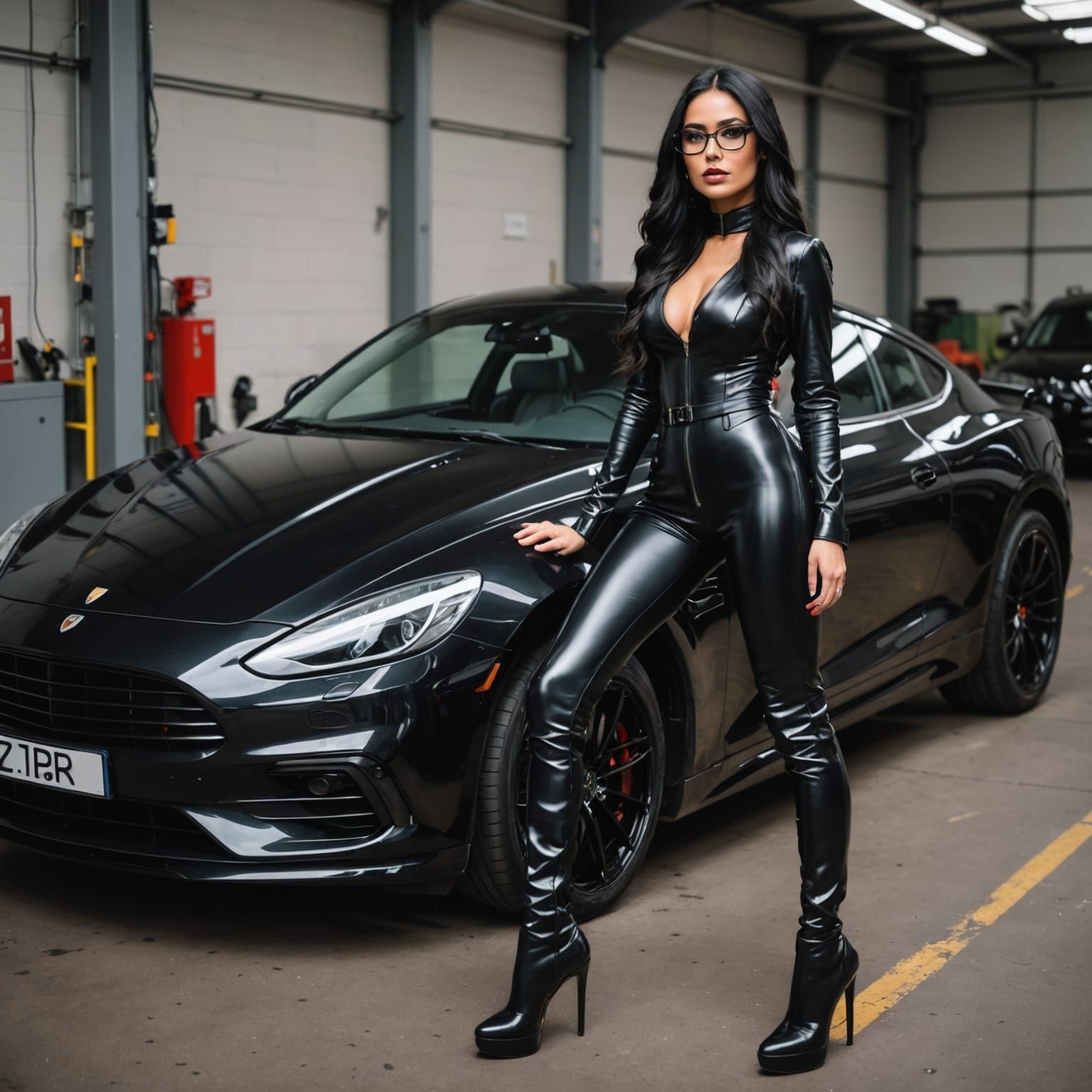 25 year old woman with very long shining black hair, glasses and in latex full body suit and over knee stiletto platform...