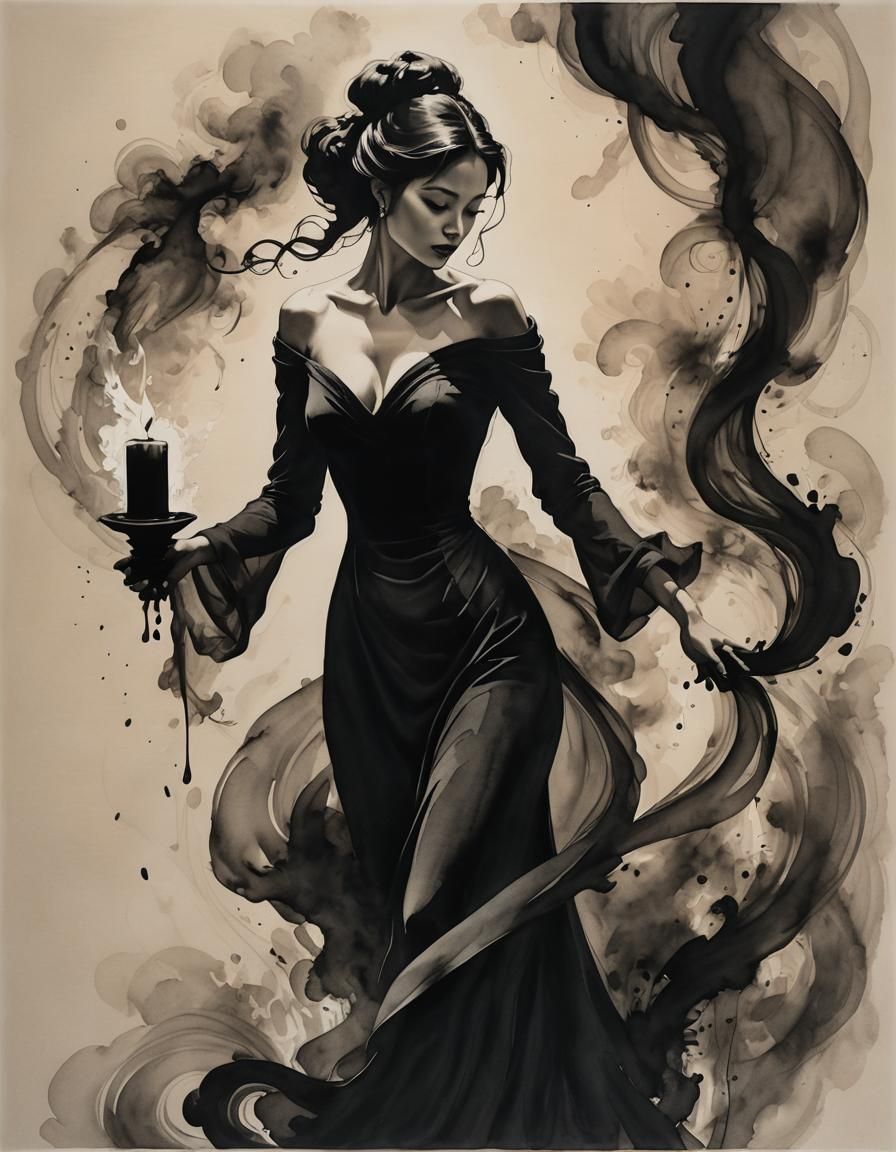 Ethereal Woman Emerges from Candle Smoke: Ink Drawing