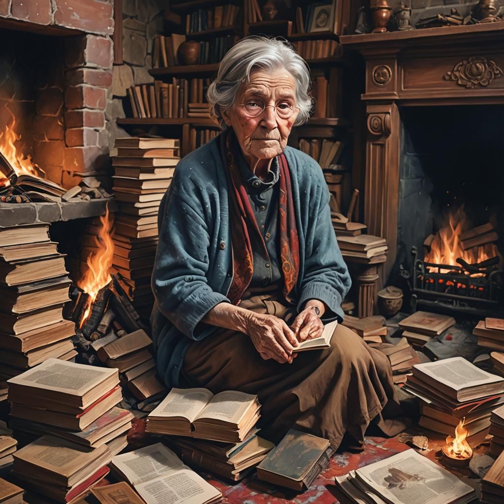 Old Woman Reading by Fireplace: Hyperrealistic Splash Art