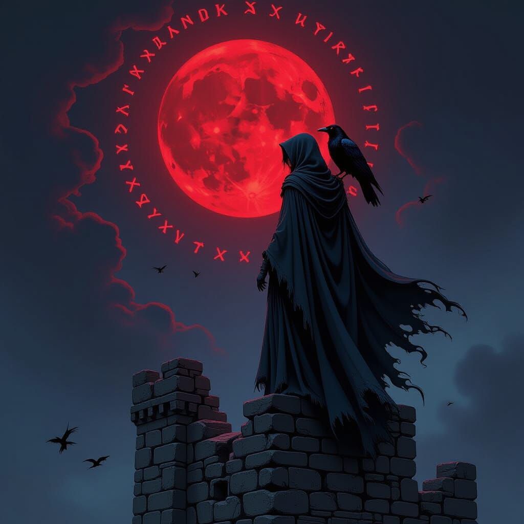 Sorceress on Crumbling Tower Under Blood Moon