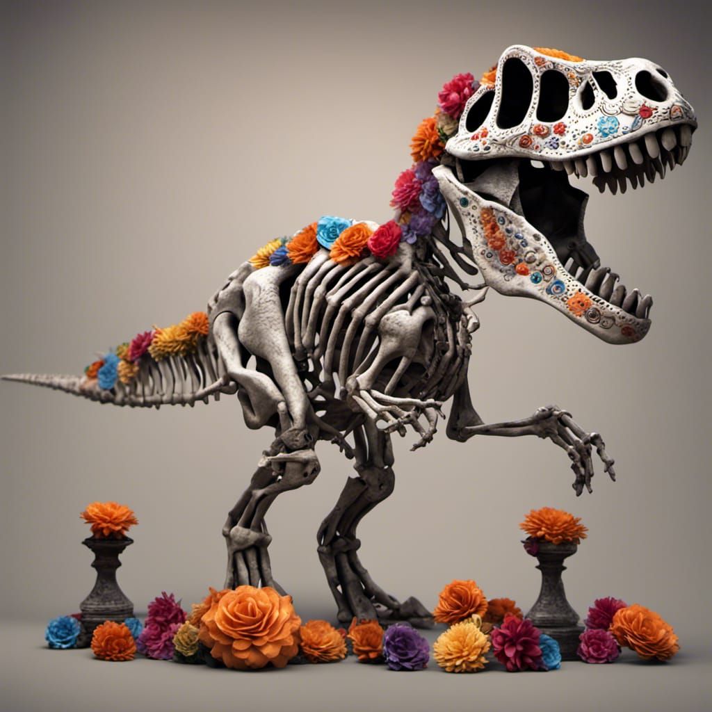 Day of the Dead T-Rex Skeleton: Hyperrealistic HDR Image