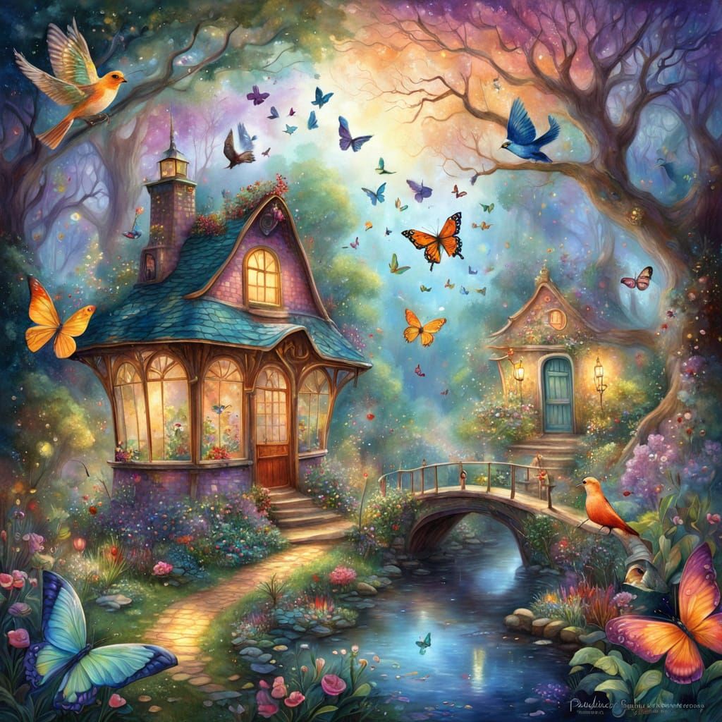 Fairycore Garden with Songbirds in Folk Art Style