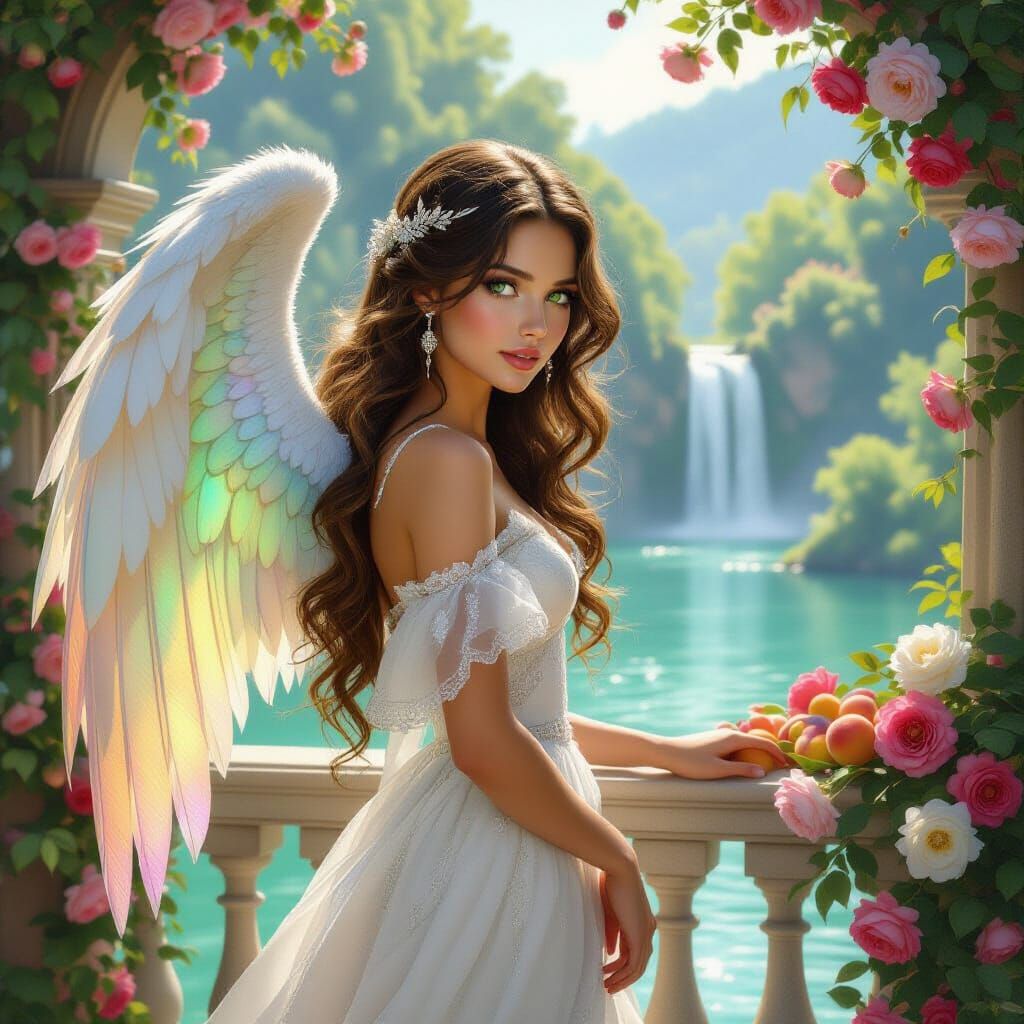 Ethereal Angel with Rainbow Wings in Pre-Raphaelite Style