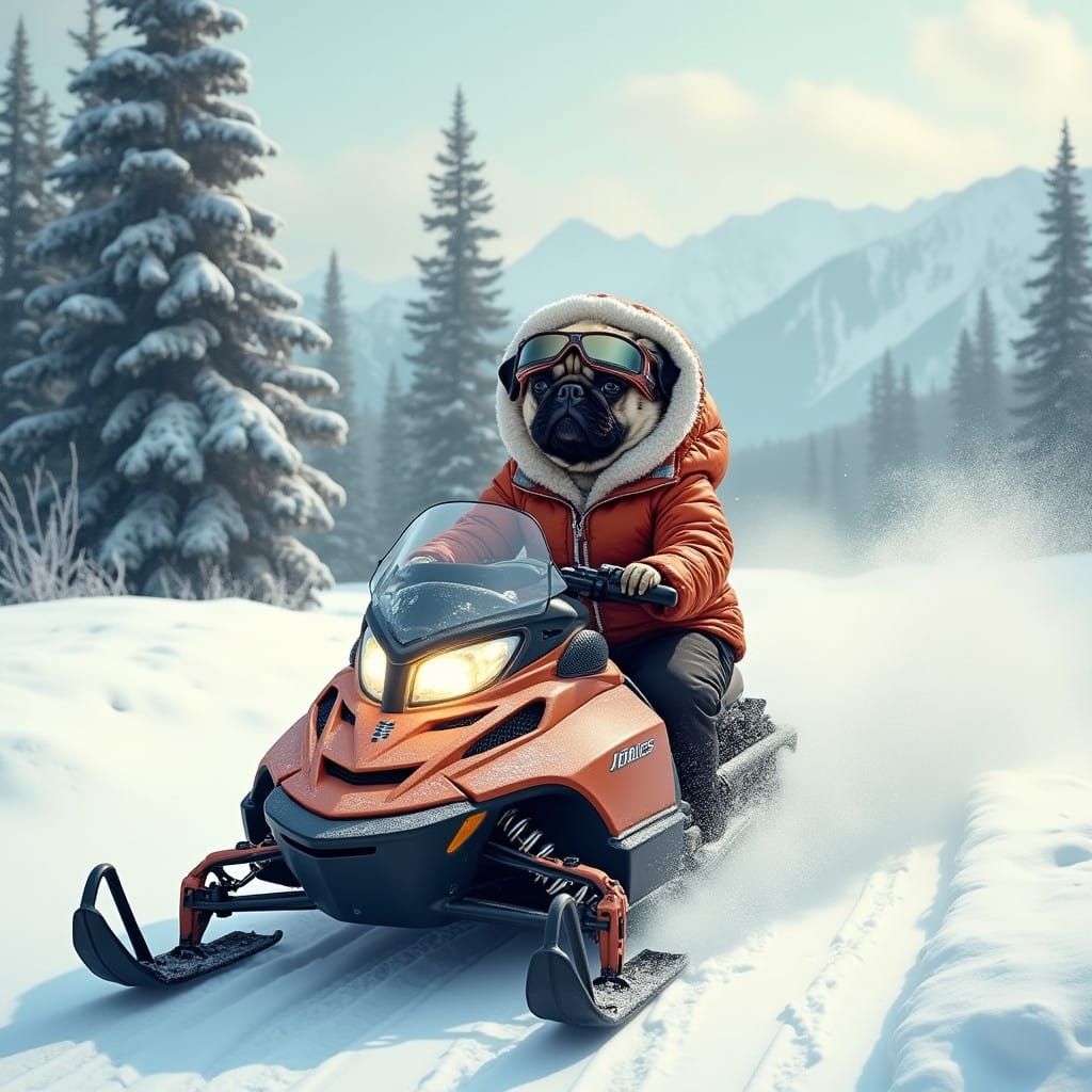 Pug Speeds Through Winter Wonderland in Snowmobile Adventure