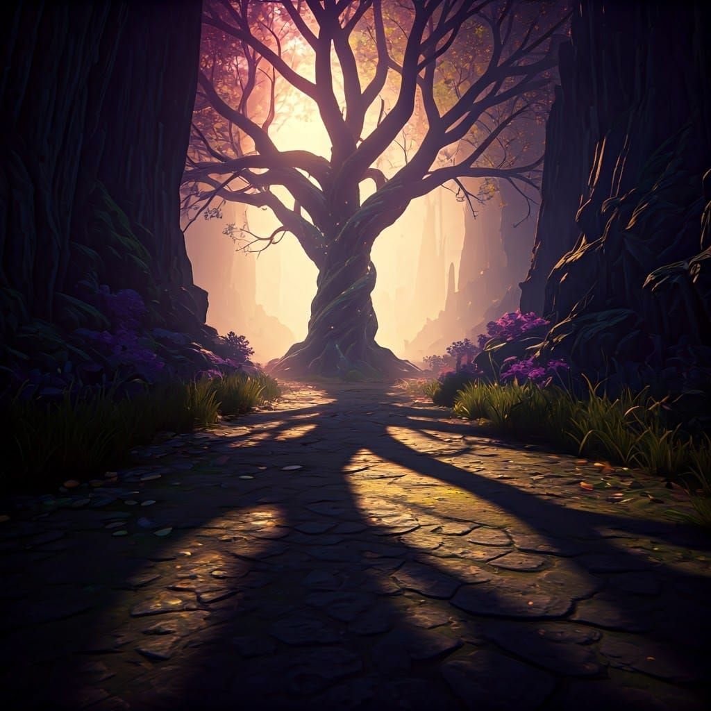 Surreal Tree Silhouette Descends into Enchanted Forest Lands...