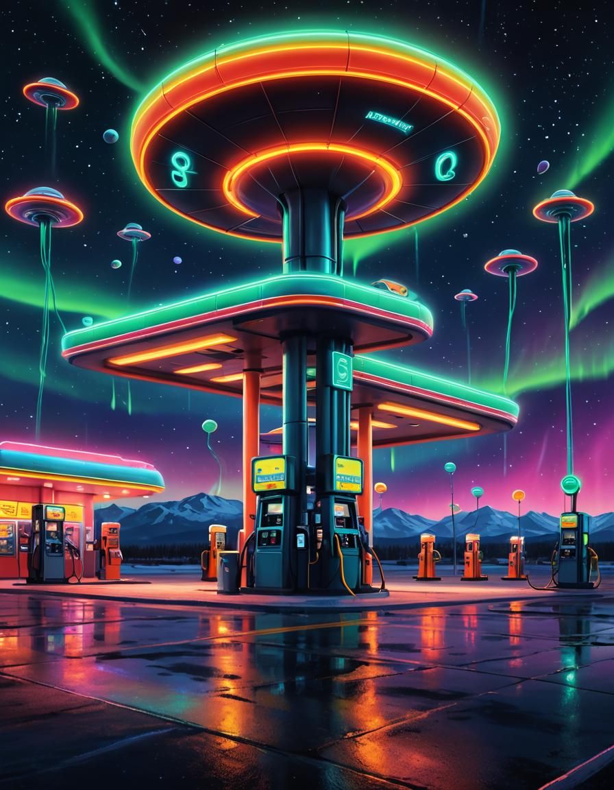 Sleek Futuristic Gas Station Under Neon Alien Skies