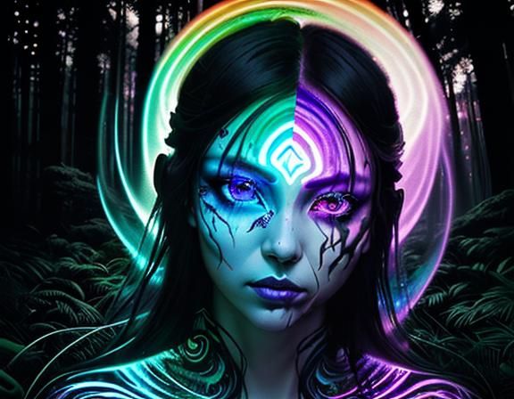 Radiant Forest: Iridescent Double Exposure Illustration