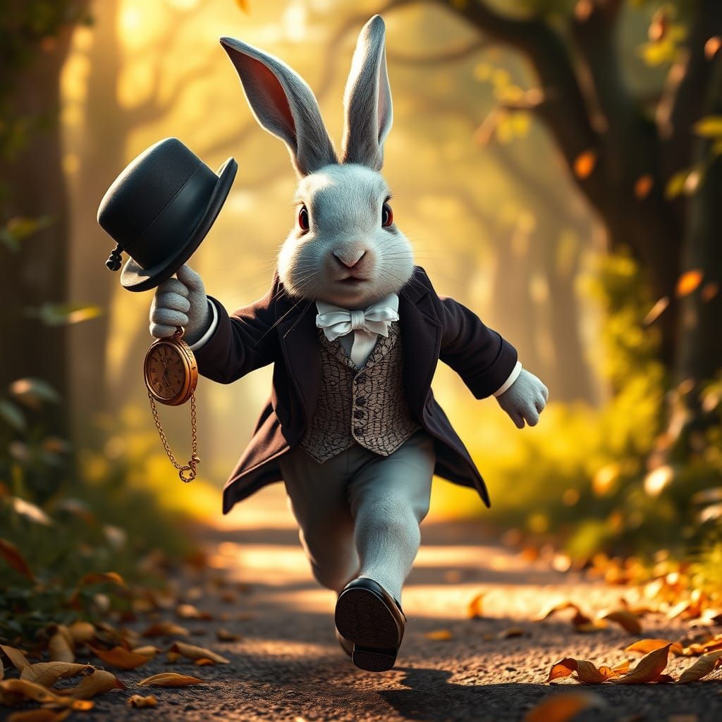 Elegant Rabbit in a Hurry, Whimsical Victorian Scene
