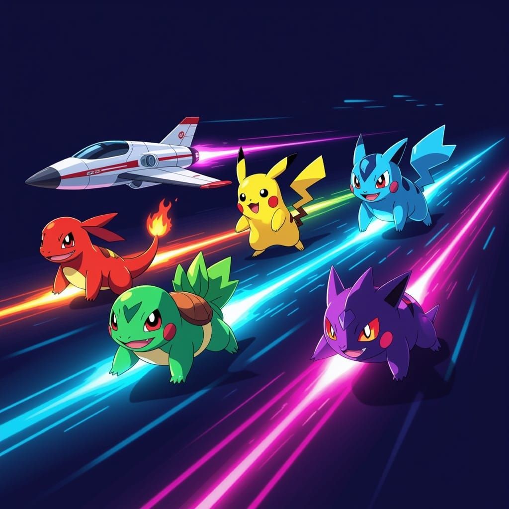 Racing Pokémon in Neon-Lit Futuristic Aircraft