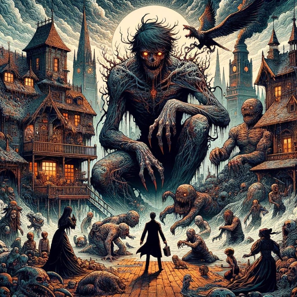 Grimepunk Horrorcore Ink Painting of Europe in Anime Style