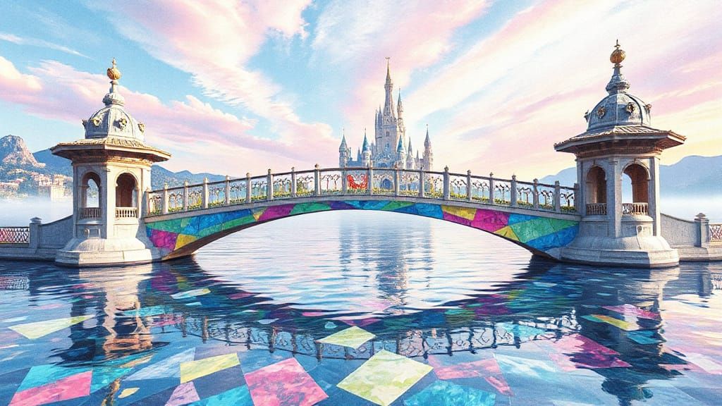 Majestic Iridescent Bridge in Surreal Watercolor Landscape