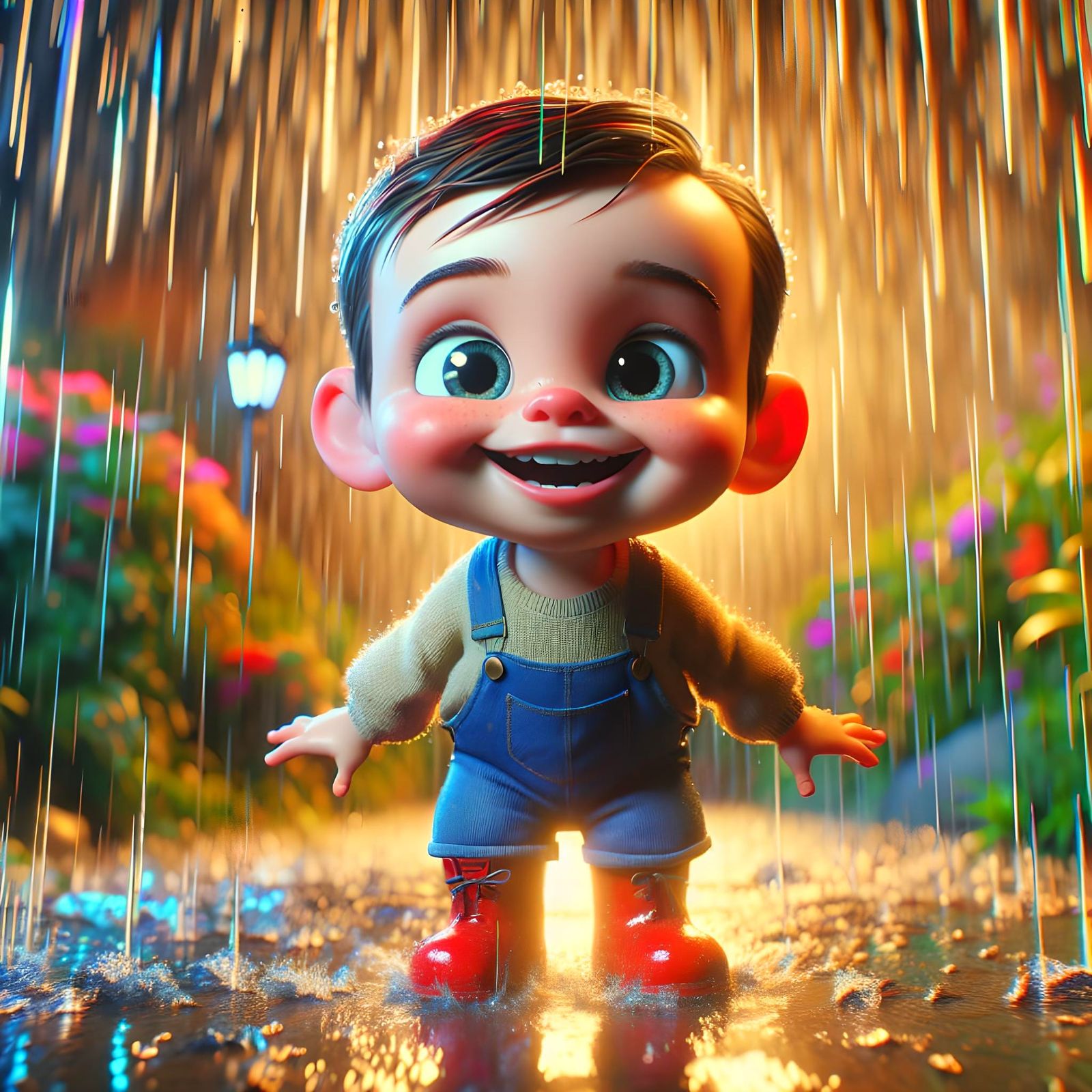 Joyful Toddler in Rain: 3D Cartoon Illustration