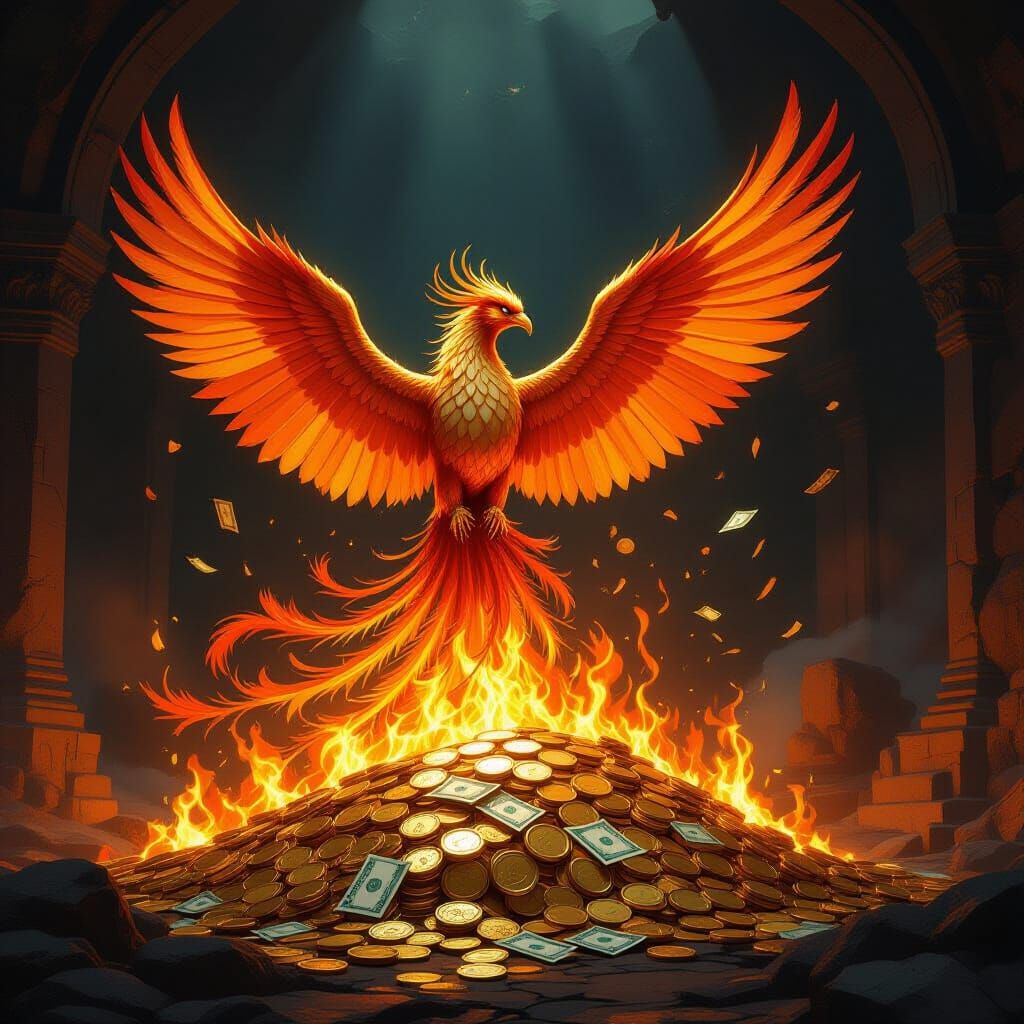Phoenix Rises from Burning Gold and Currency