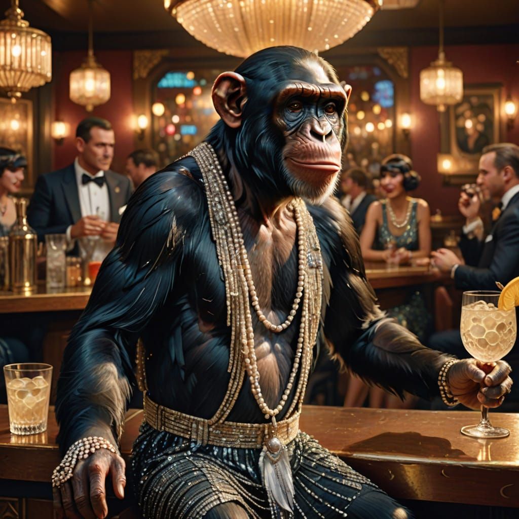 1920s Chimp in Flapper Dress, Art Deco Style