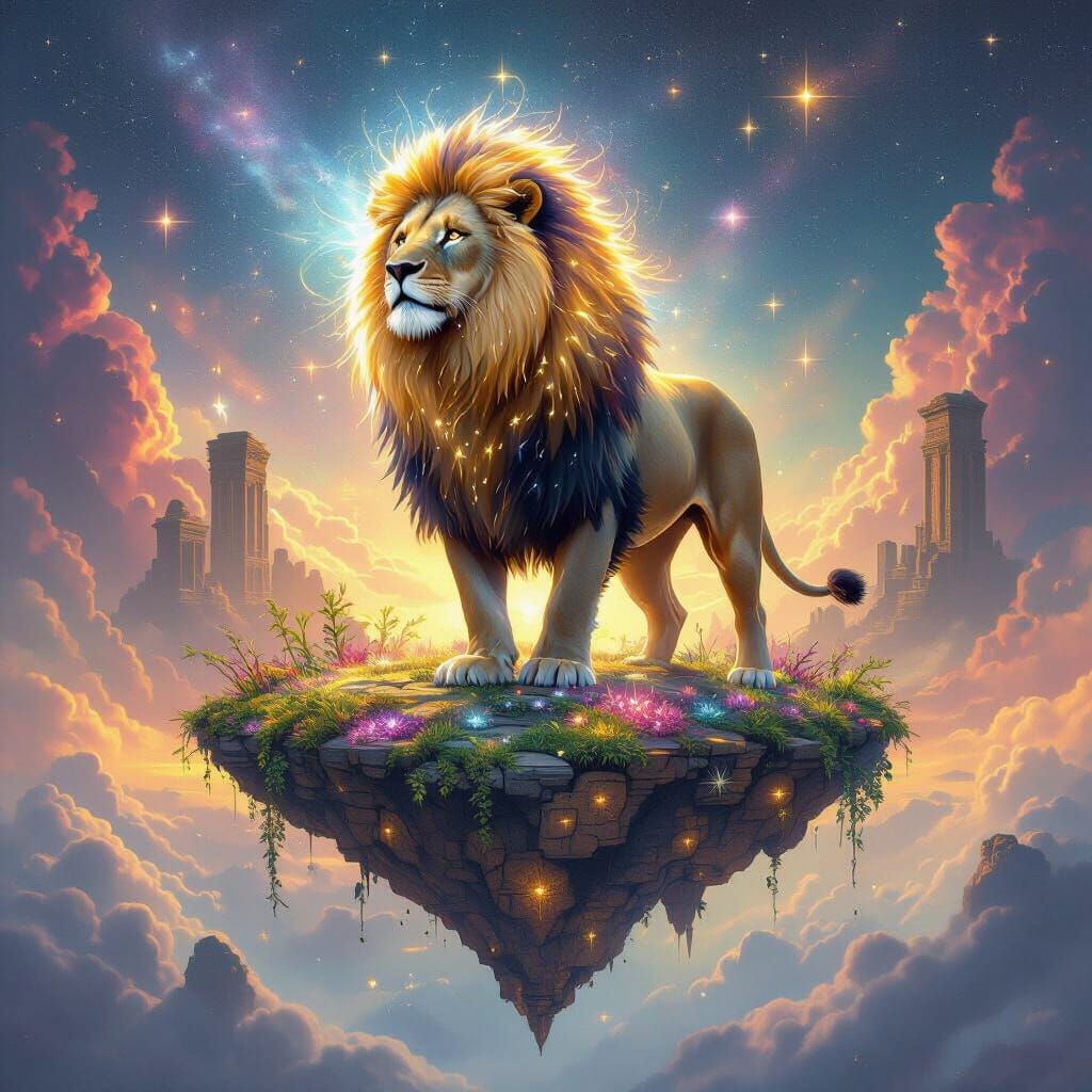 Lion with Starlight Mane on Floating Island in Cosmic Surrea...