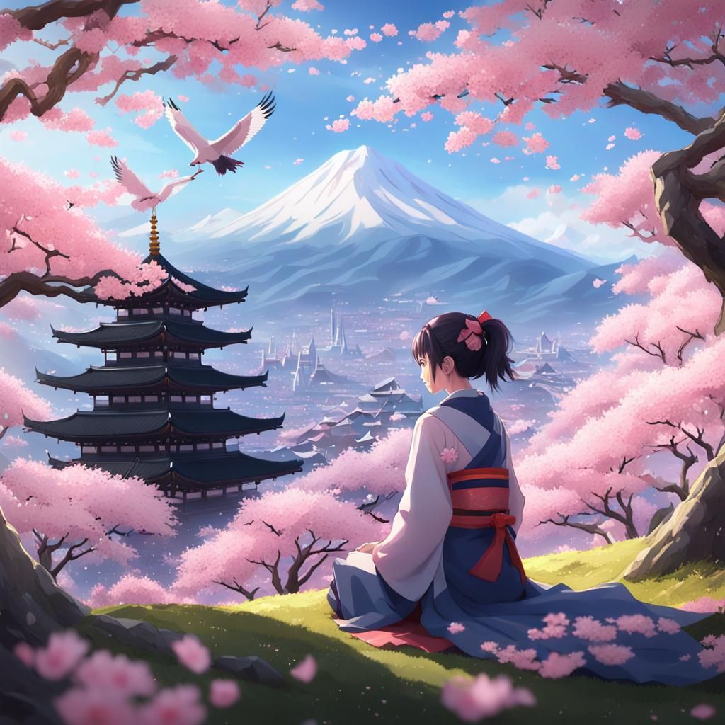 Anime Girl Under Cherry Blossom Tree, 3D Art