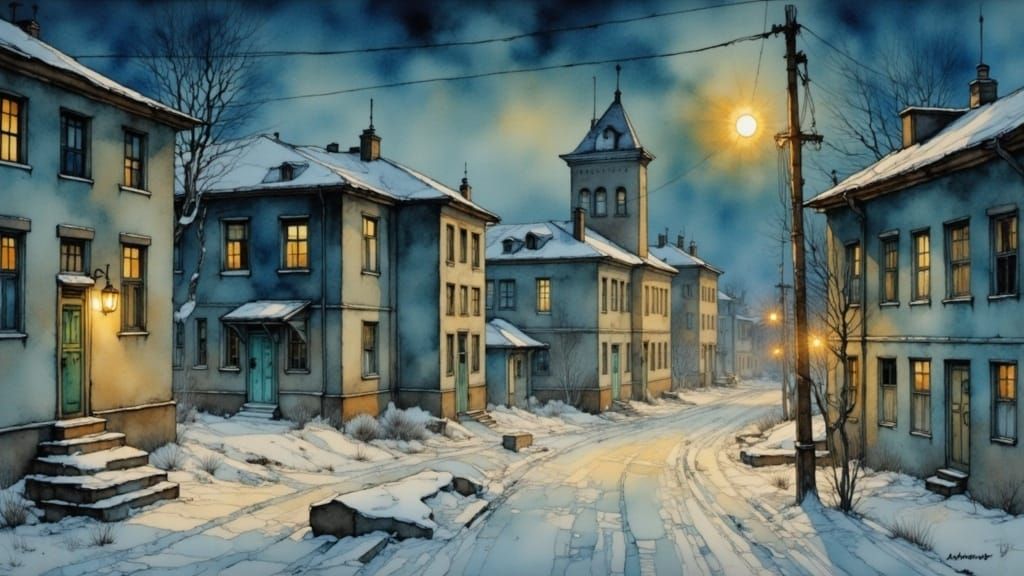 Winter USSR City at Night in Watercolour Style