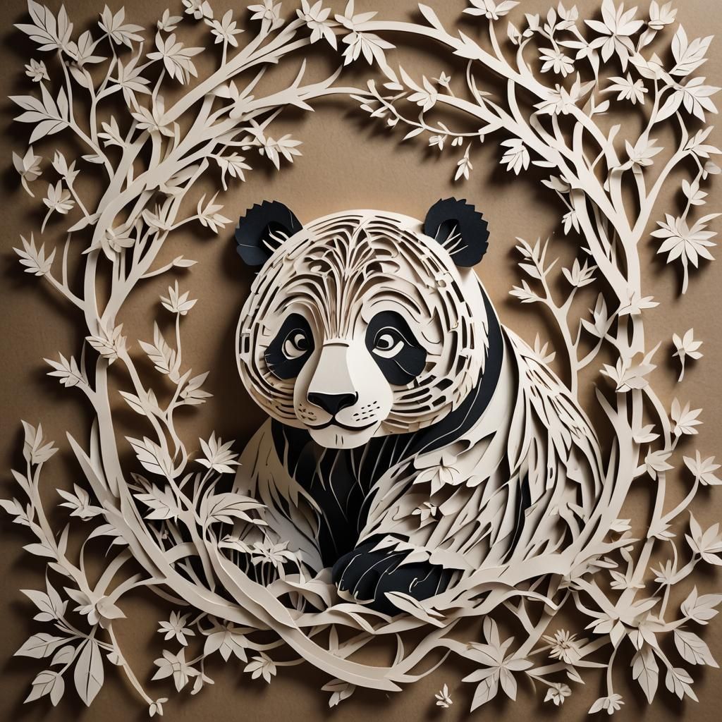 Hyperrealistic Kirigami Panda Paper Craft Photograph