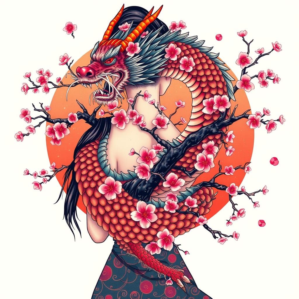 Girl with Dragon in Japanese Tattoo Style