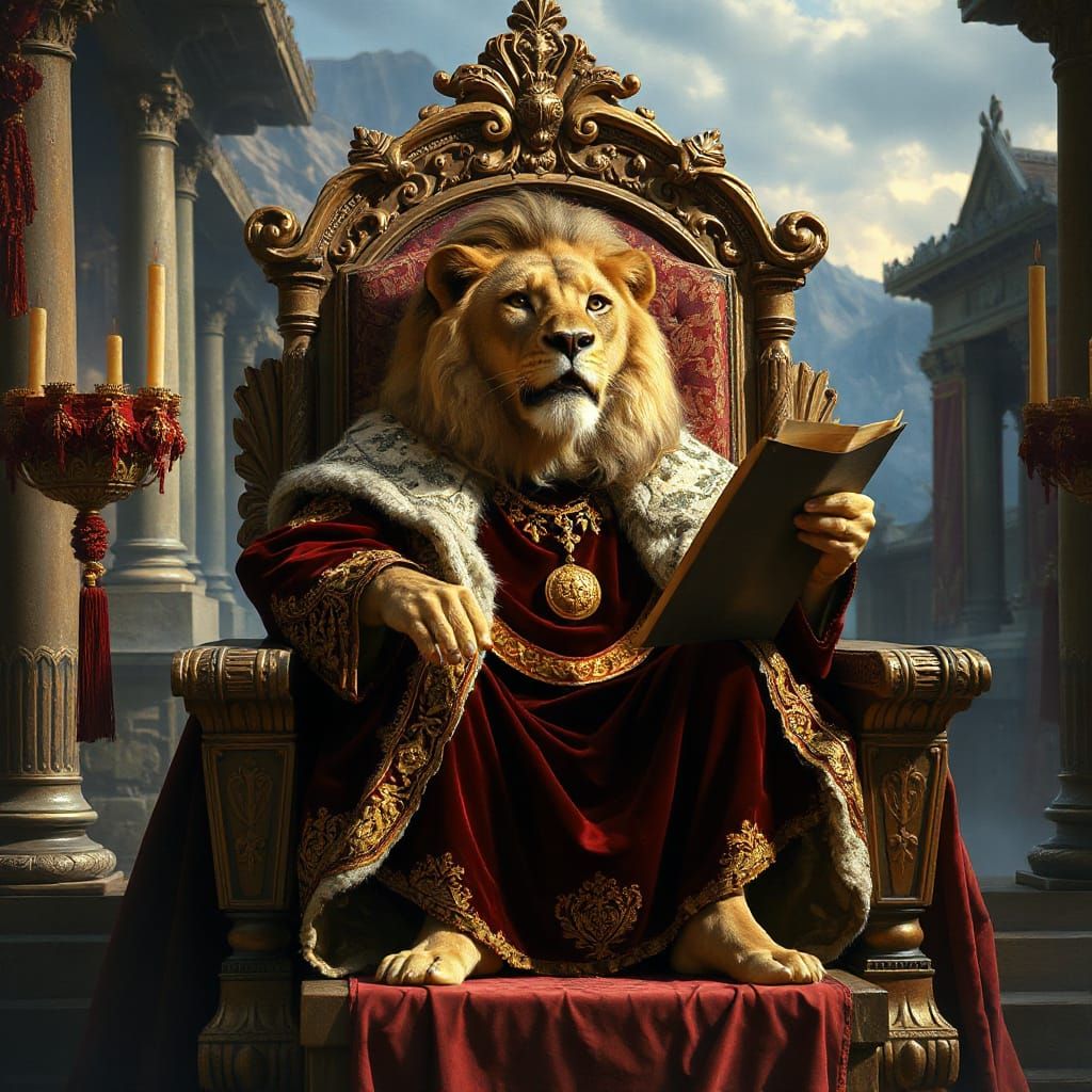 Regal Lion King Issues Decrees on Ornate Throne