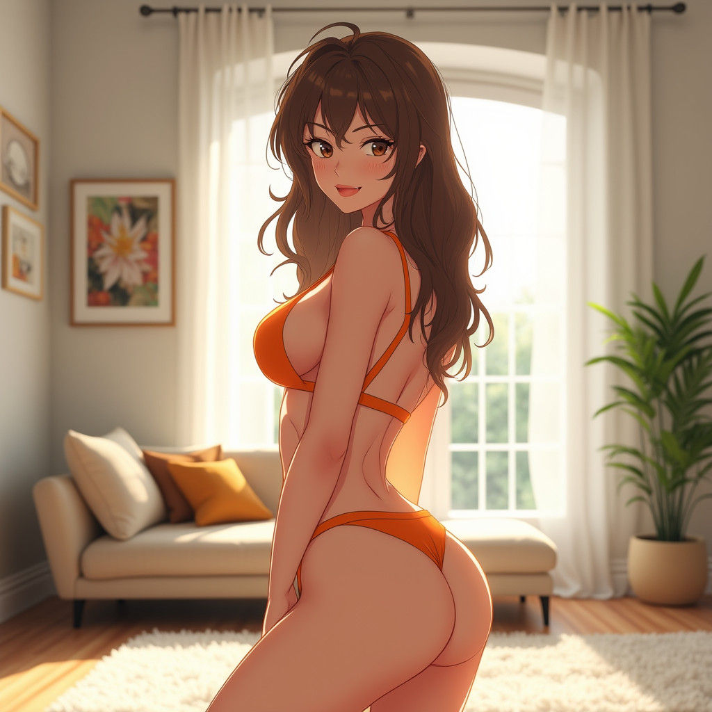 Glamorous Woman in Bikini in Modern Living Room: 3D Anime Ar...