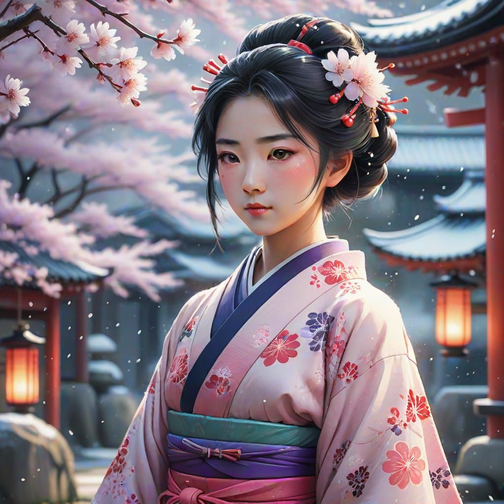 Ethereal Geisha in Cherry Blossom Garden