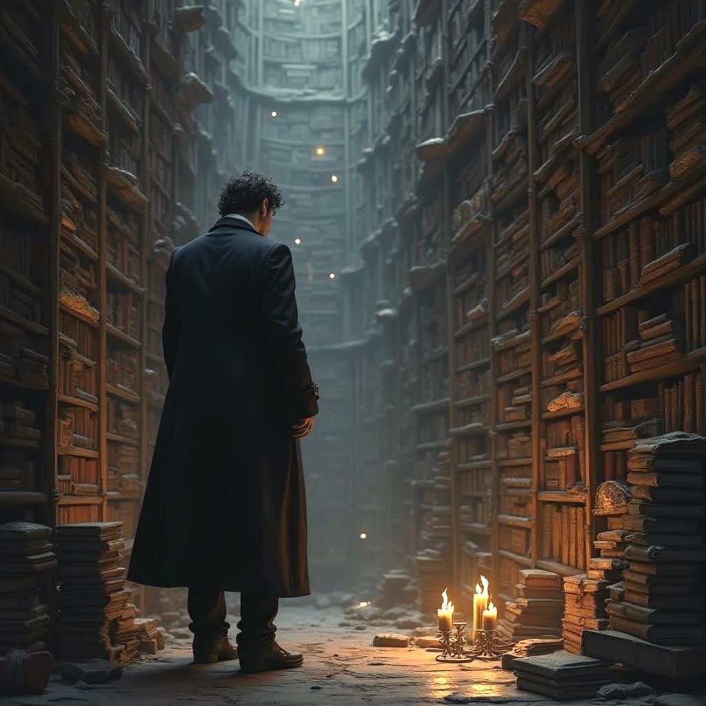 Man in a Dark Library at Night