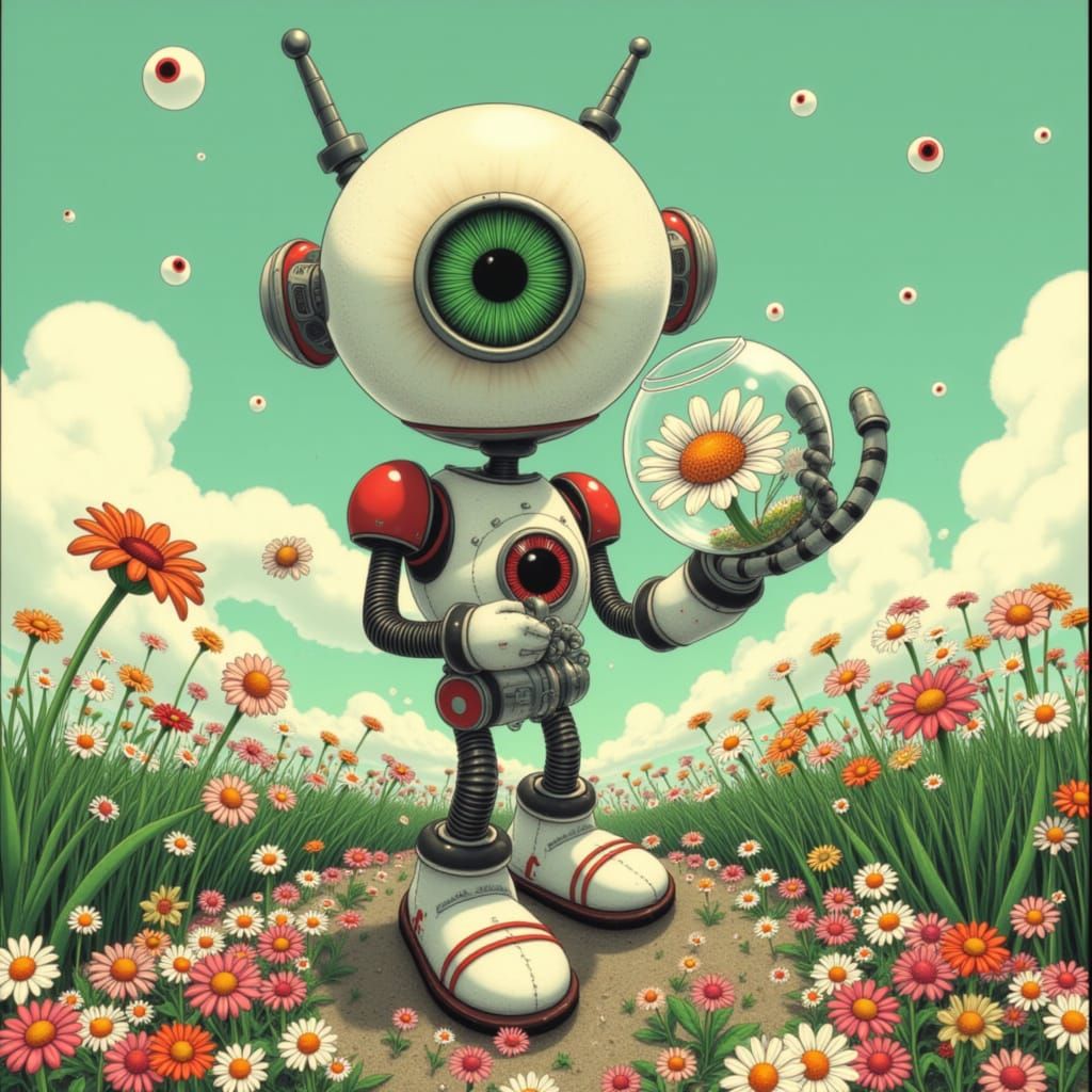 Cute Robot Holding Fishbowl in Garden Style