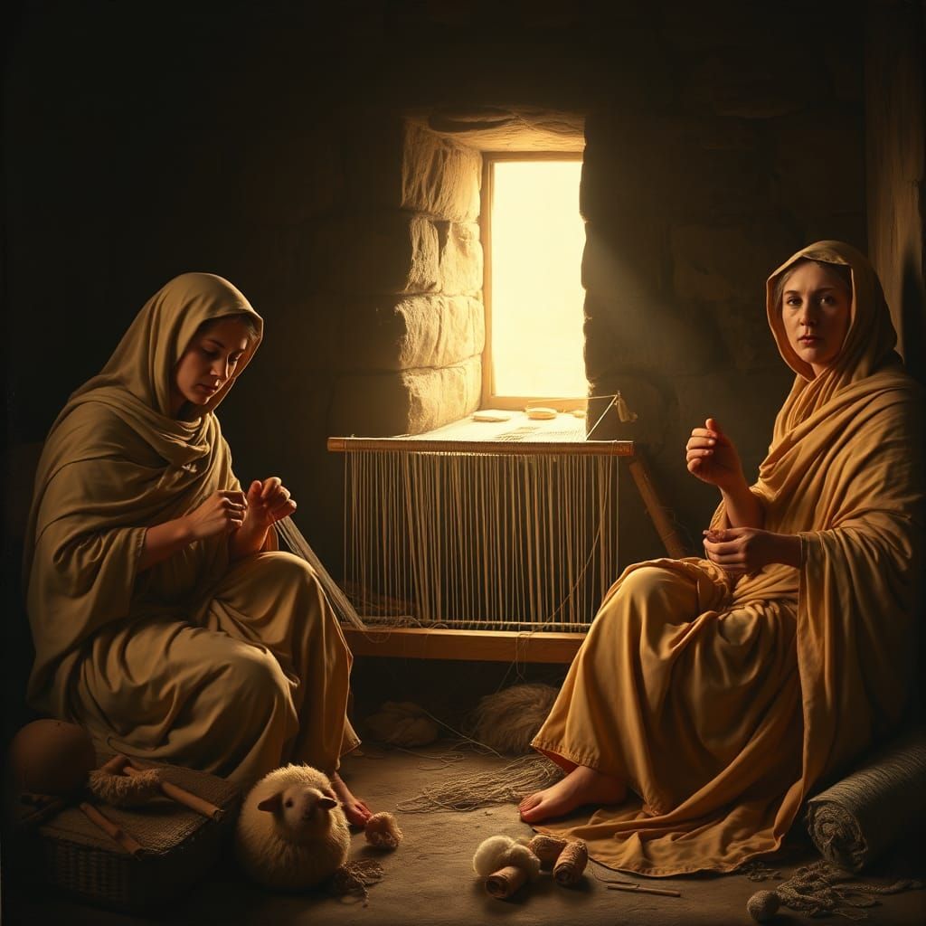 Three somewhat gloomy women in ancient Greece, sitting busy stretching and weaving threads, Renaissance style, Caravaggi...