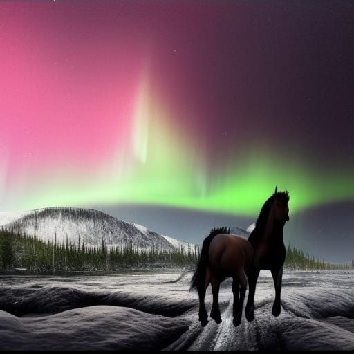Falling Person with Horses and Northern Lights