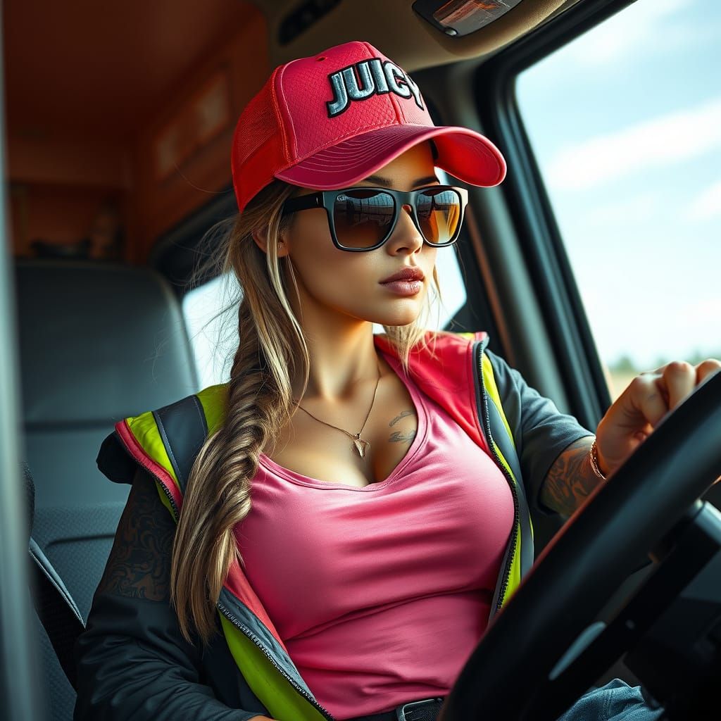 Photorealistic Woman Truck Driver with Tattoos
