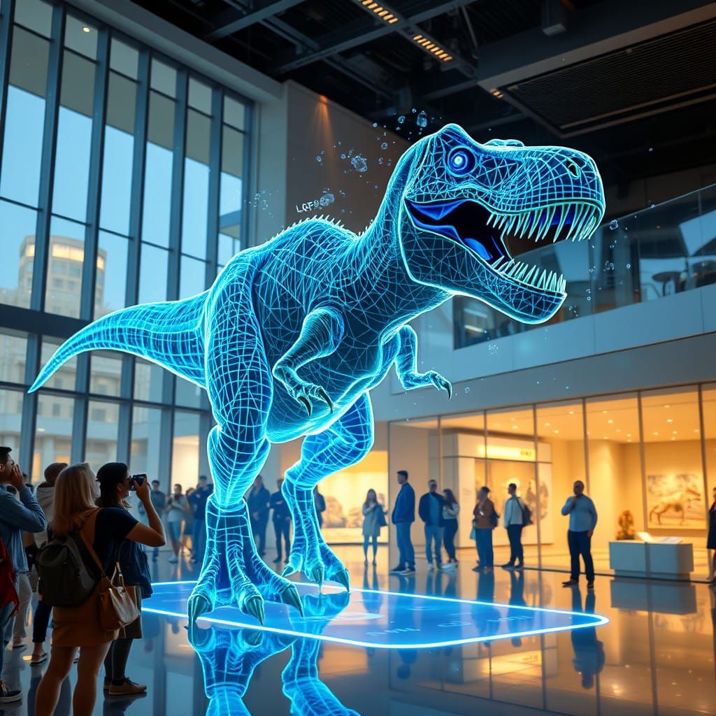 Life-Size T-Rex Hologram in Modern Museum