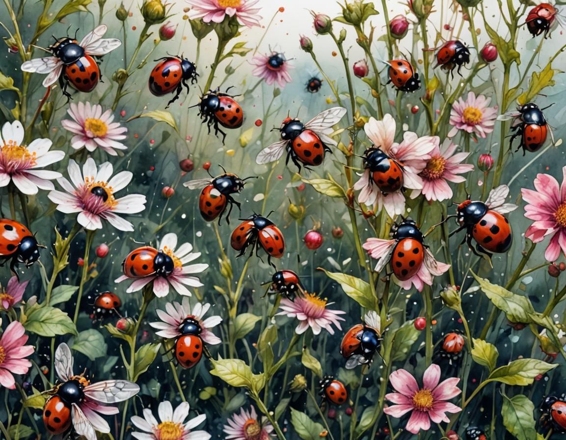 Ladybugs and Bumblebees in Watercolor Flower Field