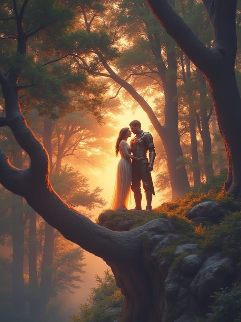 Fantasy Couple Embrace in Enchanted Forest at Sunset