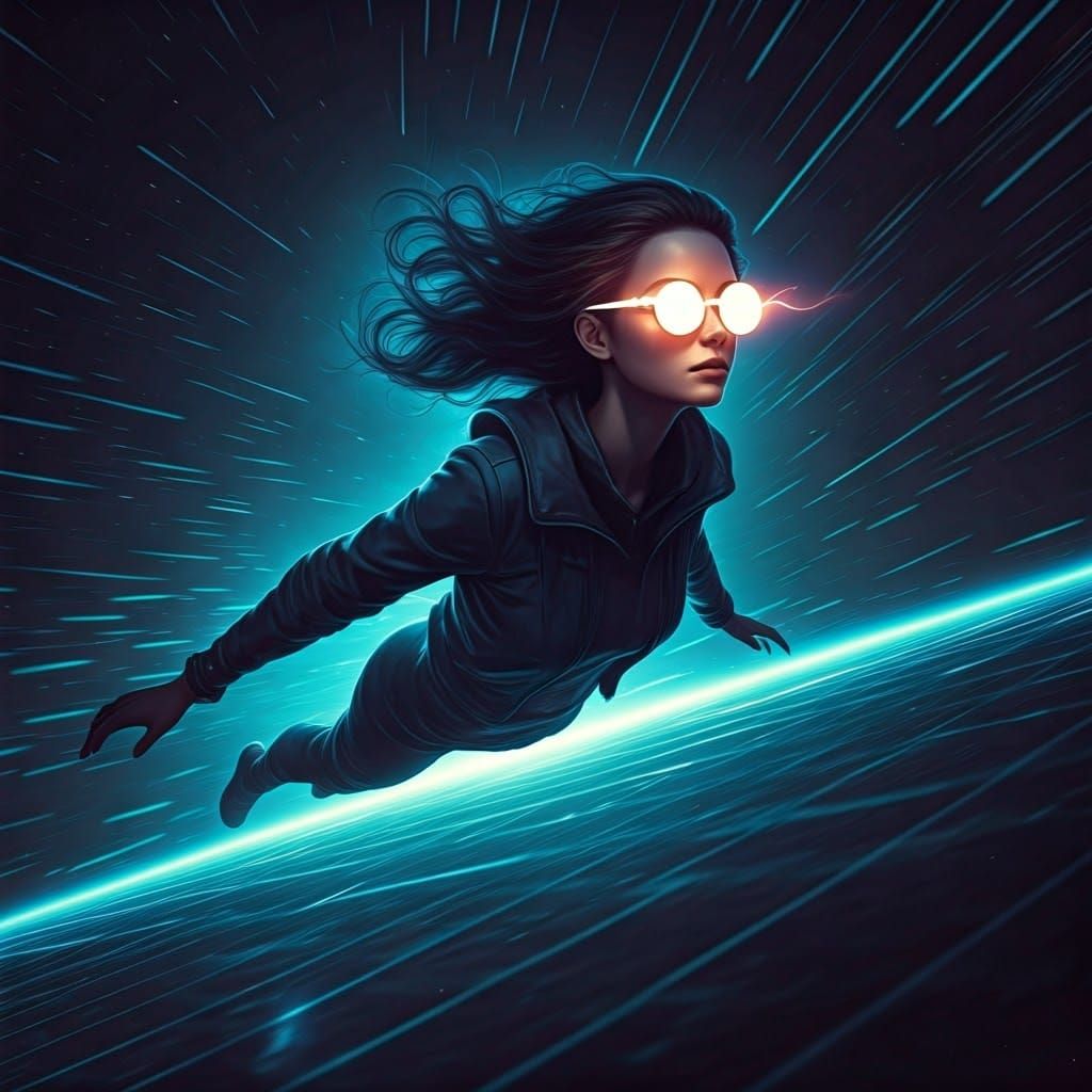 Woman in Electric Blue Cyberspace with Neon Accents