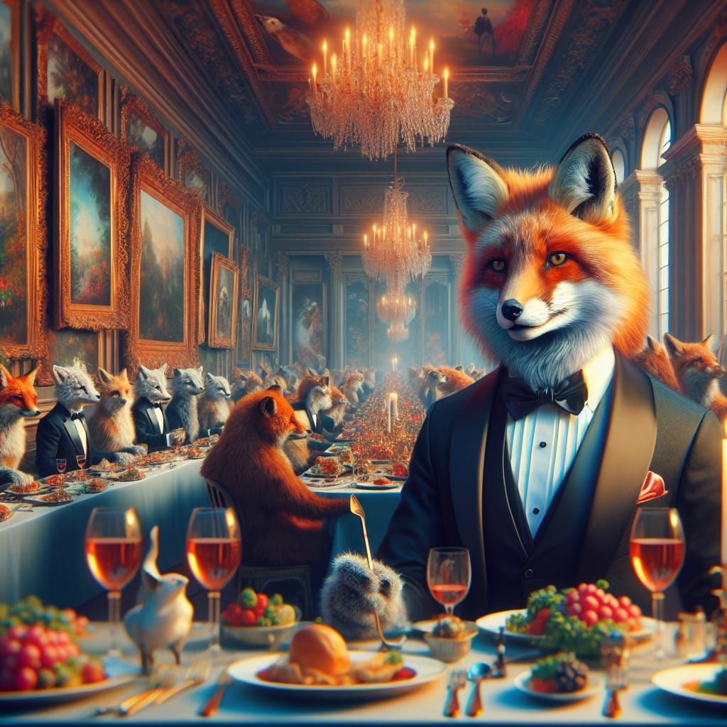 Surreal Fox in Dapper Tuxedo at Enchanted Dinner Party