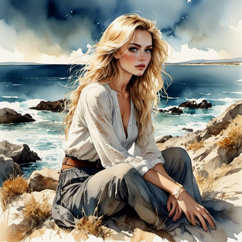 Watercolor Portrait of a Freckled Blonde by the Sea