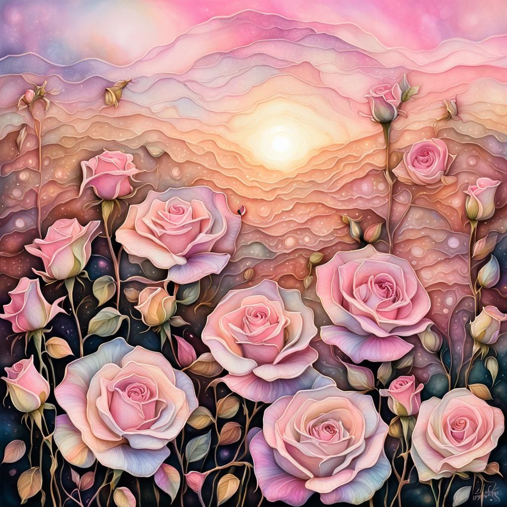 Endless Pale Pink Rose Fields at Dawn