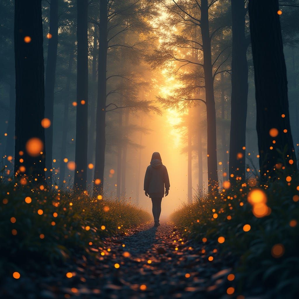 Figure Embracing New Beginnings in Whimsical Forest Scene