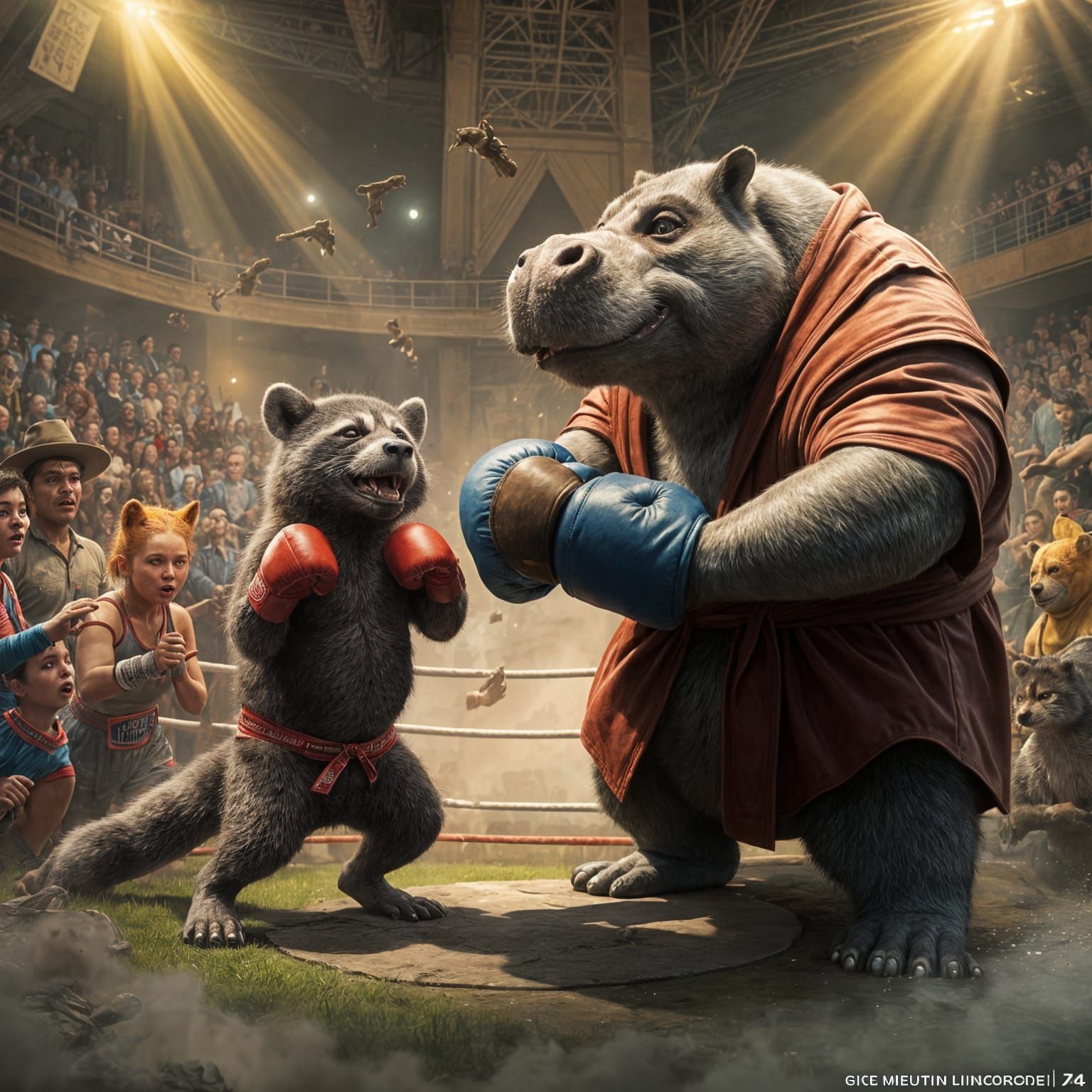 Raccoons Boxing a Hippopotamus in Fantasy Concept Art
