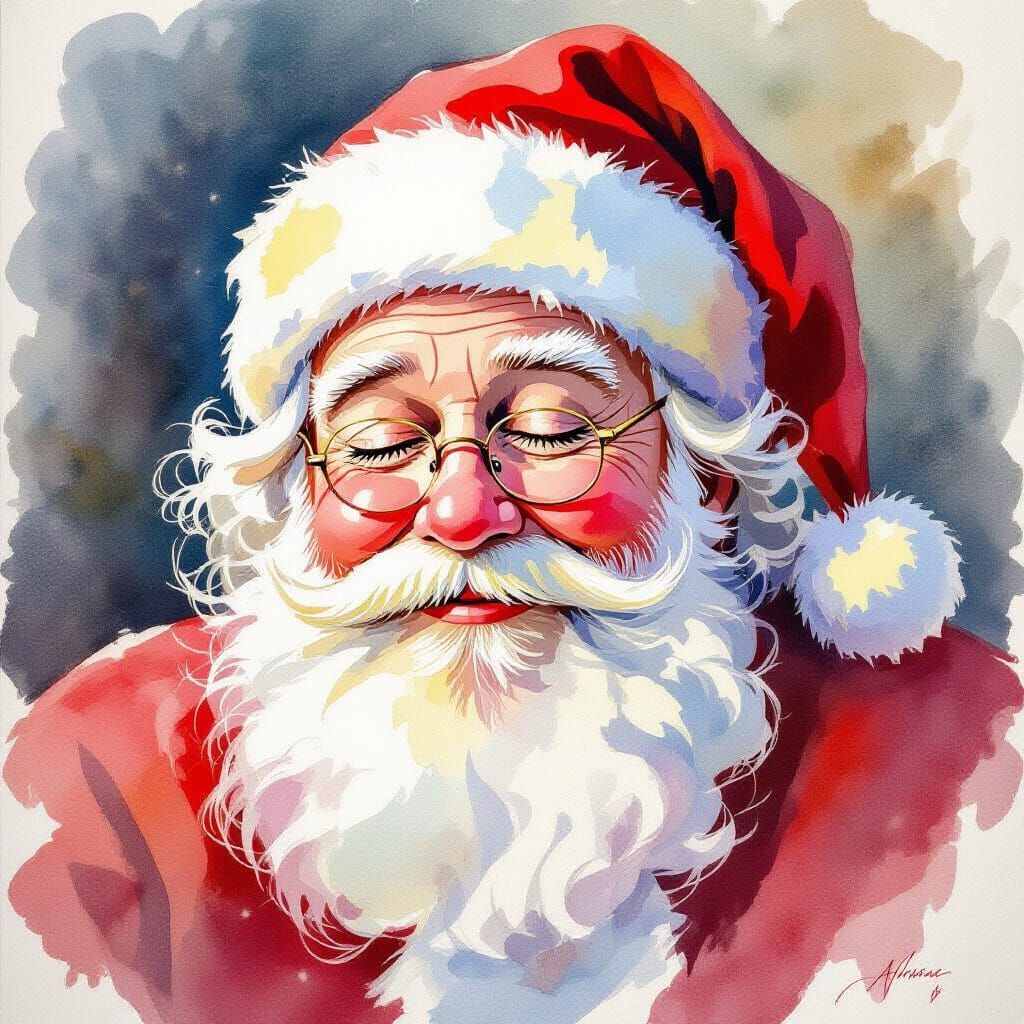 Sleeping Santa Claus Face in Realistic Watercolor Style