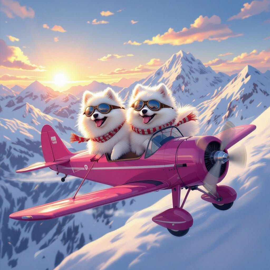 Pomeranian Pilots Fly Pink Biplane Over Snowy Mountains