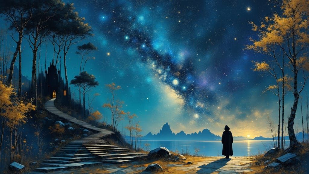 Lone Traveller Gazes at Surreal Indigo Dreamscape