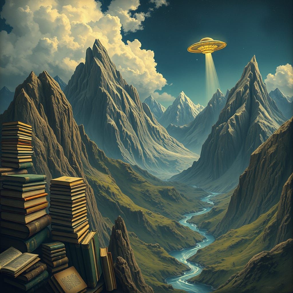 Surreal Alps Made of Books With Ink Valleys And UFO