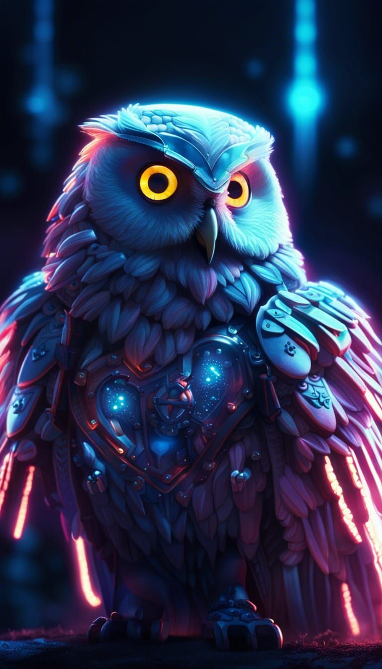 Neon Owl on Knight's Shoulder