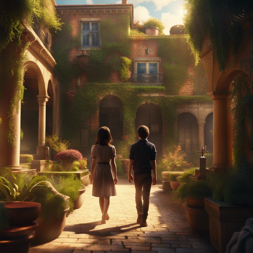 Girl in Courtyard Watching Boy Leave