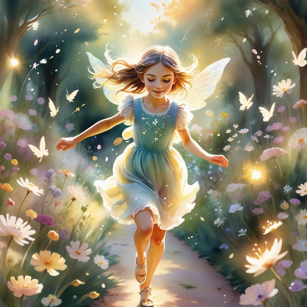 Girl Chasing Fairies in Watercolor Garden