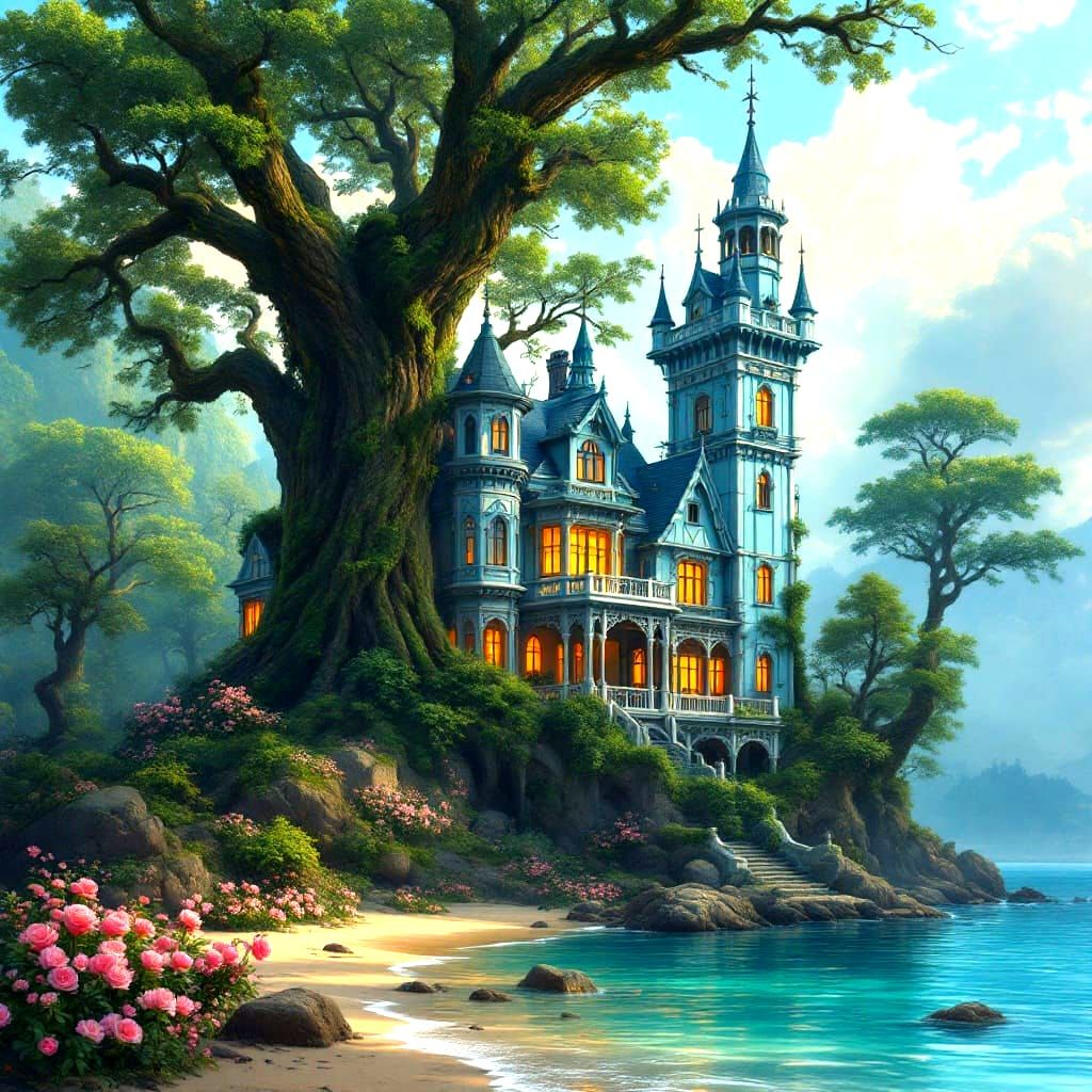 Victorian Castle in a Mossy Forest by a Shallow Blue Lagoon