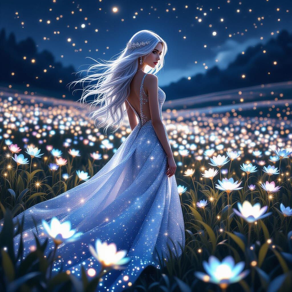 Starlight Gown in Bioluminescent Field, Dark Fantasy Art
