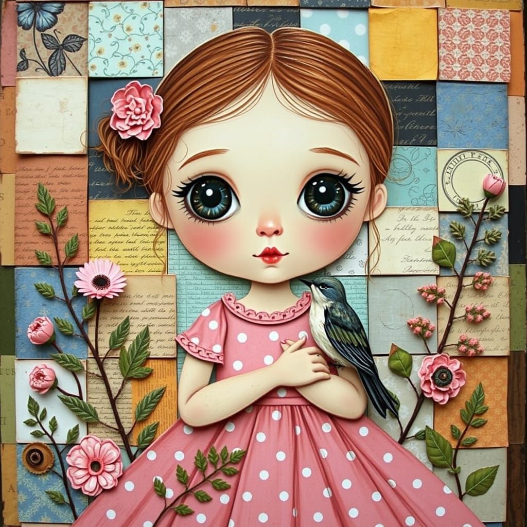 Sophia in Pink Polka Dot Dress Holding a Bird